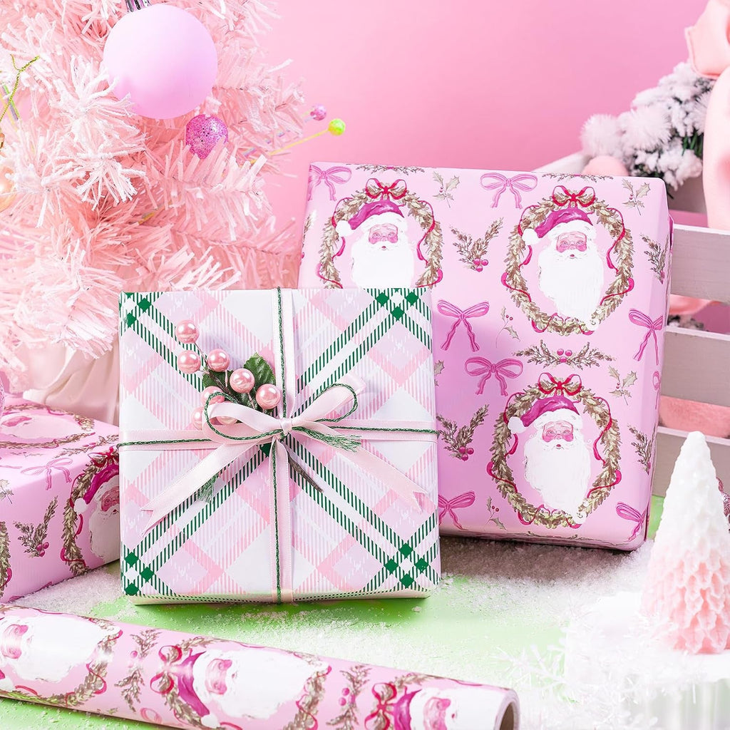 Christmas Reversible Wrapping Paper Roll for Girls, Mini Roll, Pink Santa Claus, Floral Wreath, Bow Design, Green Pink Plaid Gift Wrap Paper Perfect for Gifts, 43.2Cm X 10M