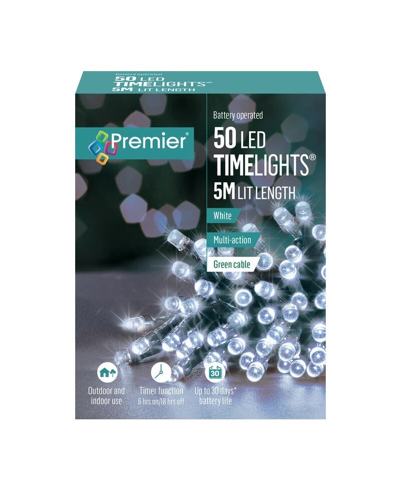 50 Cool White LED Christmas Lights Premier Multi Action Battery Operated Timer