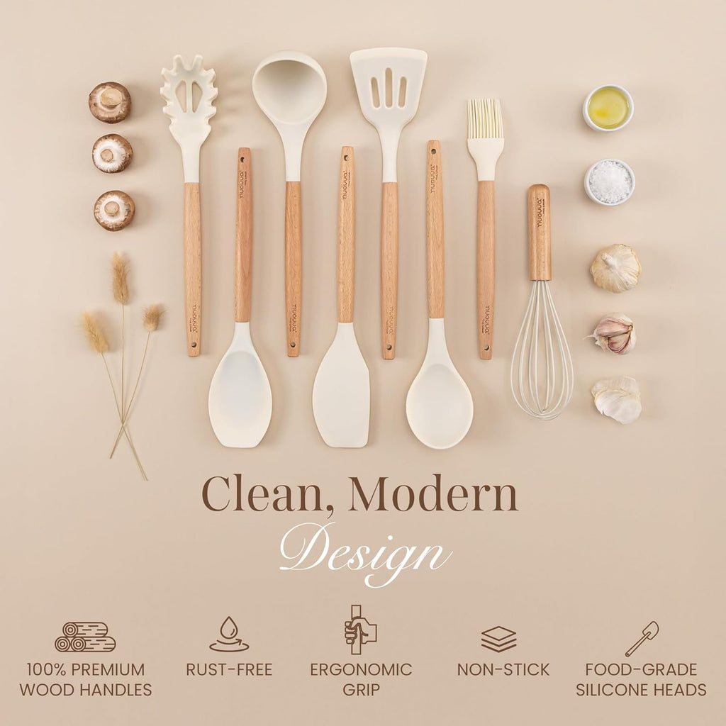 Kitchen Non Stick Cooking Utensils Set – Heat Resistant Silicone Utensils with Wooden Handle – Ladles, Spoons and Spatulas Set – Kitchen Tools & Accessories – 35Pcs, Cream – by