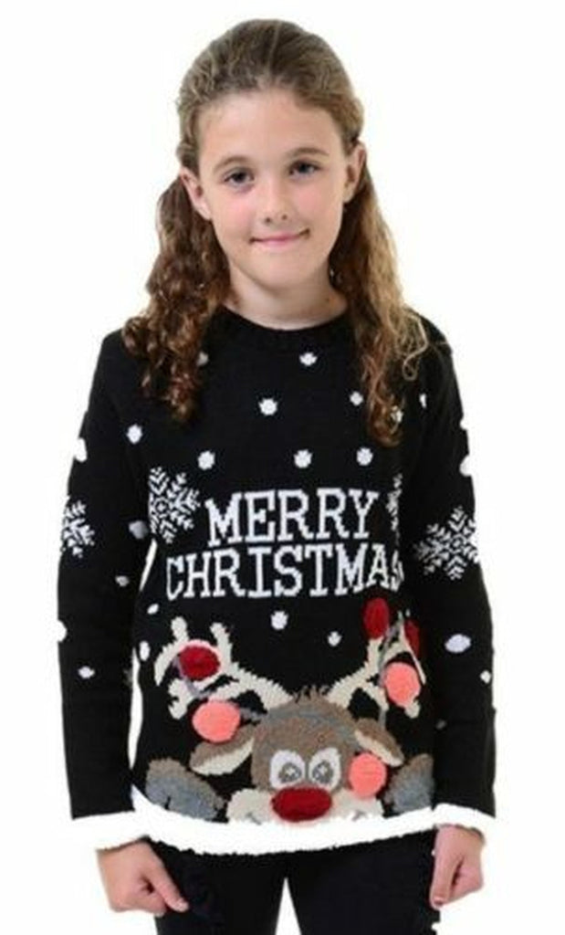 Kids Girls Boys Merry Xmas Christmas Pom Pom 3D Retro Jumper Sweater Top Novelty