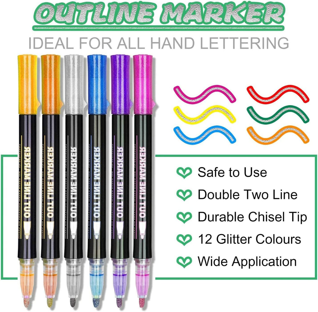 Stocking Fillers, Gifts for Teenage Girls, 12 Glitter Pens Outline Marker Pens, Stocking Fillers Kids, Arts and Crafts for Kids, Art Supplies Colouring Pens, Gifts for 4-12 Year Old Girls