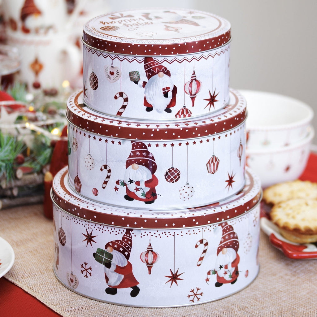3Pc Christmas Gonk Nesting Cake Tins Set Metal Xmas Gnome Kitchen Baking Storage