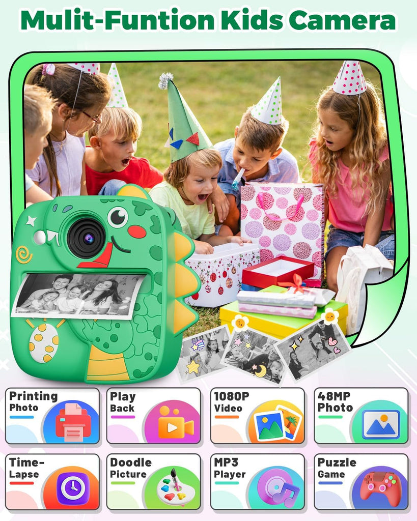 Instant Print Camera for Kids, Christmas Birthday Gifts Toys for 3 4 5 6 7 8 9 Year Old Boys Girls, 1080P Kids Digital Cameras Dinosaur Boys Toys Age 3-9 (Green)