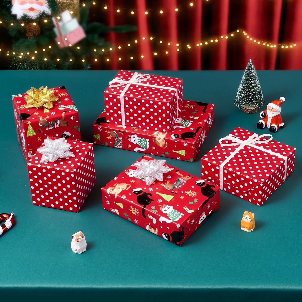 Christmas Cat Wrapping Paper - 1 Roll, 17” X 33 Ft, Red, Reversible Kitty Wrap Paper for Kids & Adults, Xmas Gift & Holiday Favor