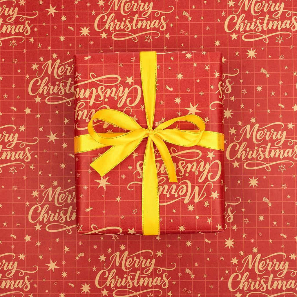 15M Red Gift Wrapping Paper Roll, 43Cm Recyclable Kraft Paper Print with "Merry Christmas" and Star for Christmas, Birthday, Baby Shower, Party Gift Decoration