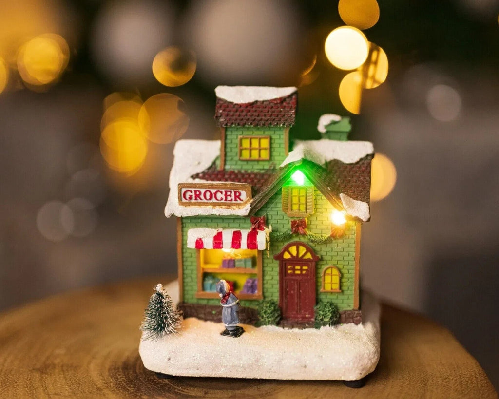 Christmas Village Scene Decoration Ornament LED Grocer Light up Xmas Home Decor