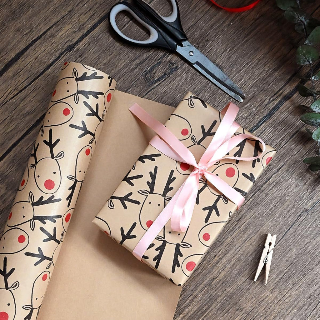 43Cm *15M Christmas Wrapping Paper Roll, Recyclable Brown Gift Wrapping Paper with Elk for Xmas Party Gifts, Birthday,Graduation,Eco-Friendly Present Decorations-Elk Head