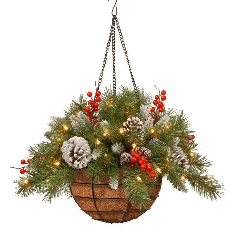 Pre-Lit Artificial Plants Hanging Basket Decorated with Berry Frosted Pine Cones