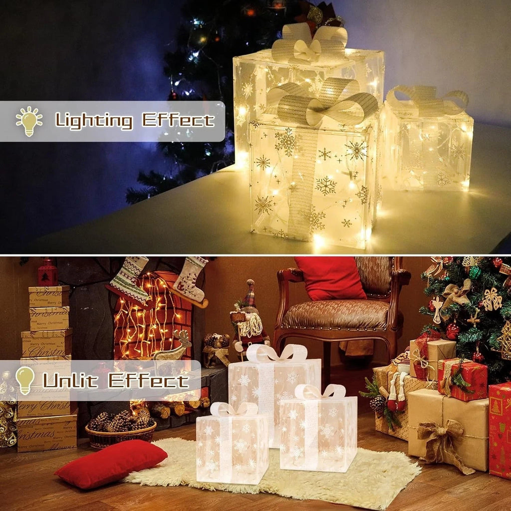 3 Pack Illuminated Christmas Gift Boxes Decoration LED Light up Presents Parcels