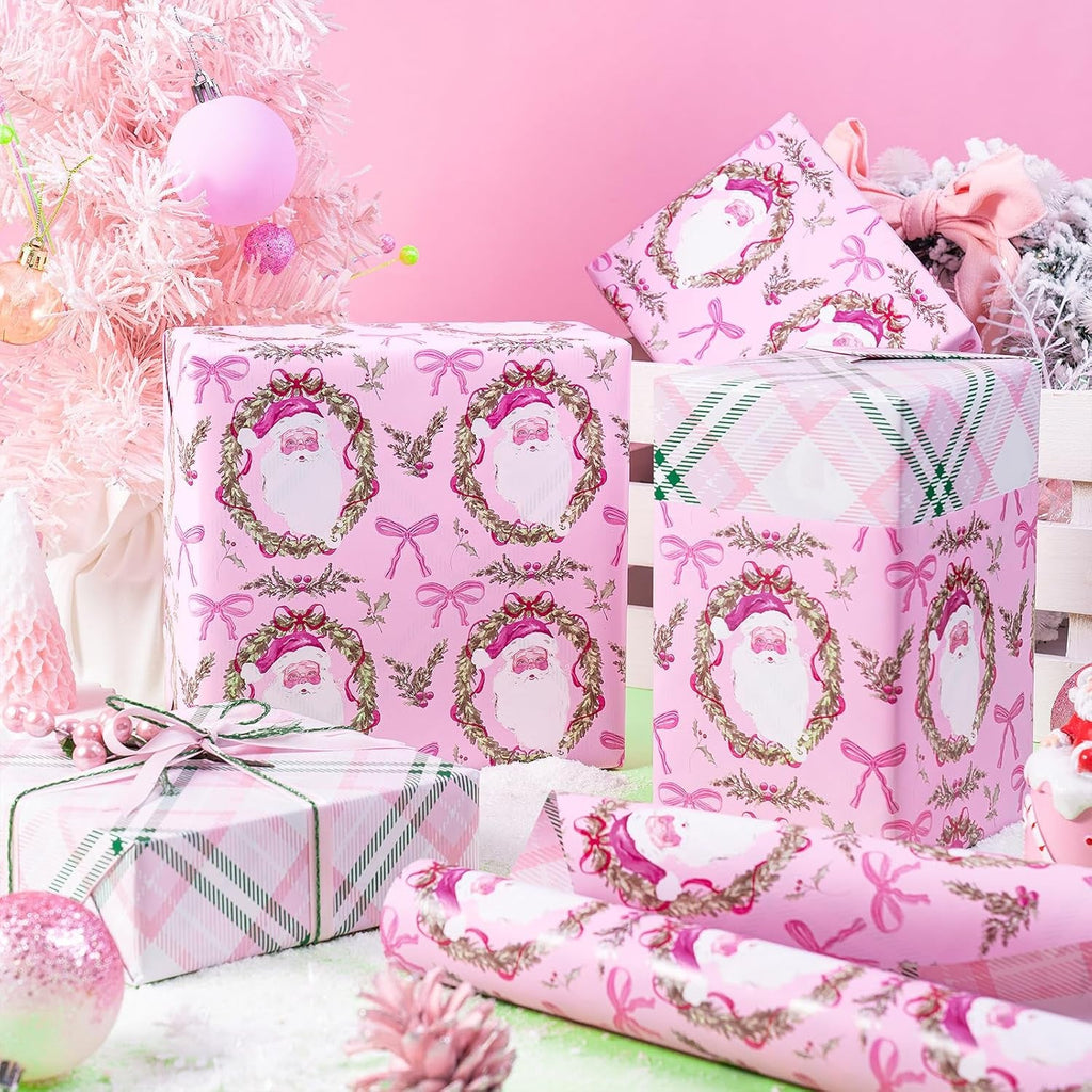 Christmas Reversible Wrapping Paper Roll for Girls, Mini Roll, Pink Santa Claus, Floral Wreath, Bow Design, Green Pink Plaid Gift Wrap Paper Perfect for Gifts, 43.2Cm X 10M