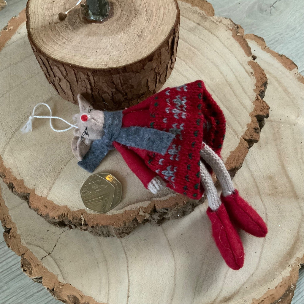 Red Hanging Mouse Girl Christmas Tree Decoration Fairisle Dress Fabric Felt
