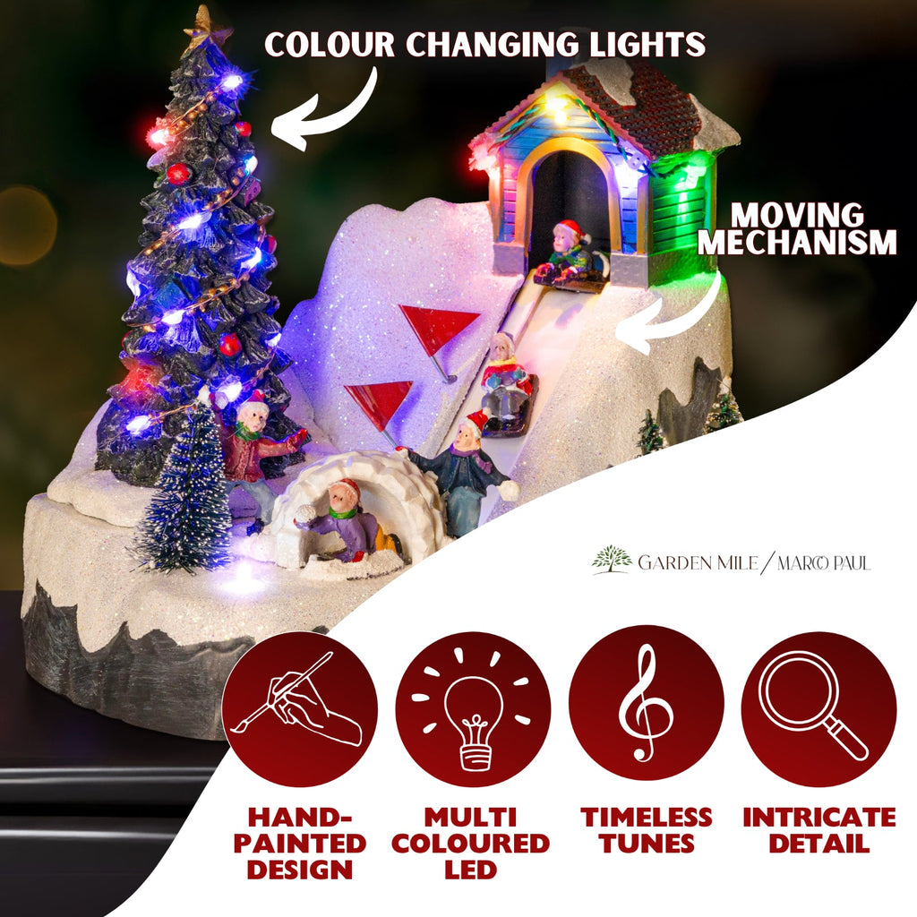 Christmas Village Scene Decoration Sledging Musical Moving Ornament Light Up