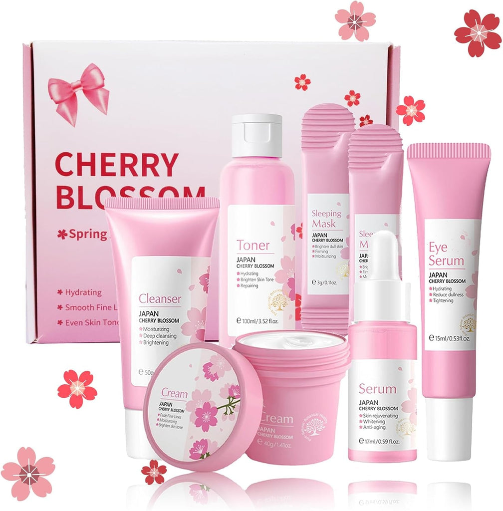 Skincare Gifts for Teenage Girls,Cherry Blossom Skincare Sets,Facial Kit,Pamper Sets for Women Gifts,Skin Care Sets & Kits with Cleanser, Face Serum, Face Cream,Toner,Eye Cream,Mask (7PCS Sakura)