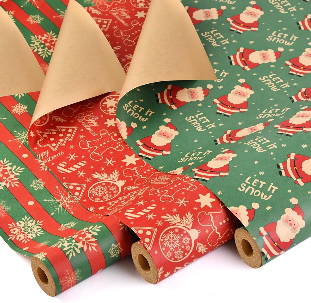 3 Rolls Christmas Wrapping Paper for Gift, 43Cm X 10M Xmas Wrapping Paper Rolls Recyclable Kraft Paper for Christmas Boxes Gift Wrap Birthday Festival Present Decorations