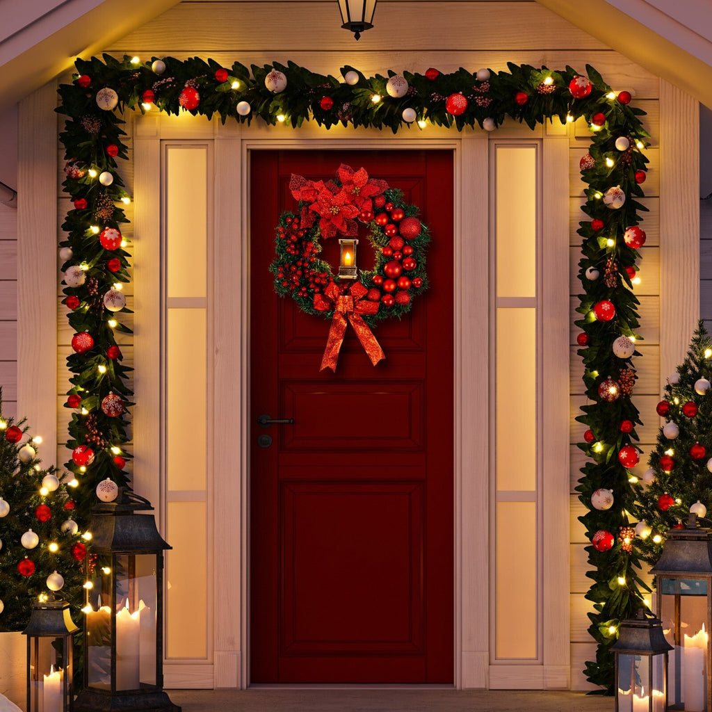 Artificial LED Christmas Wreath Pine Green Decorative Hanging Xmas Door 40Cm Bow
