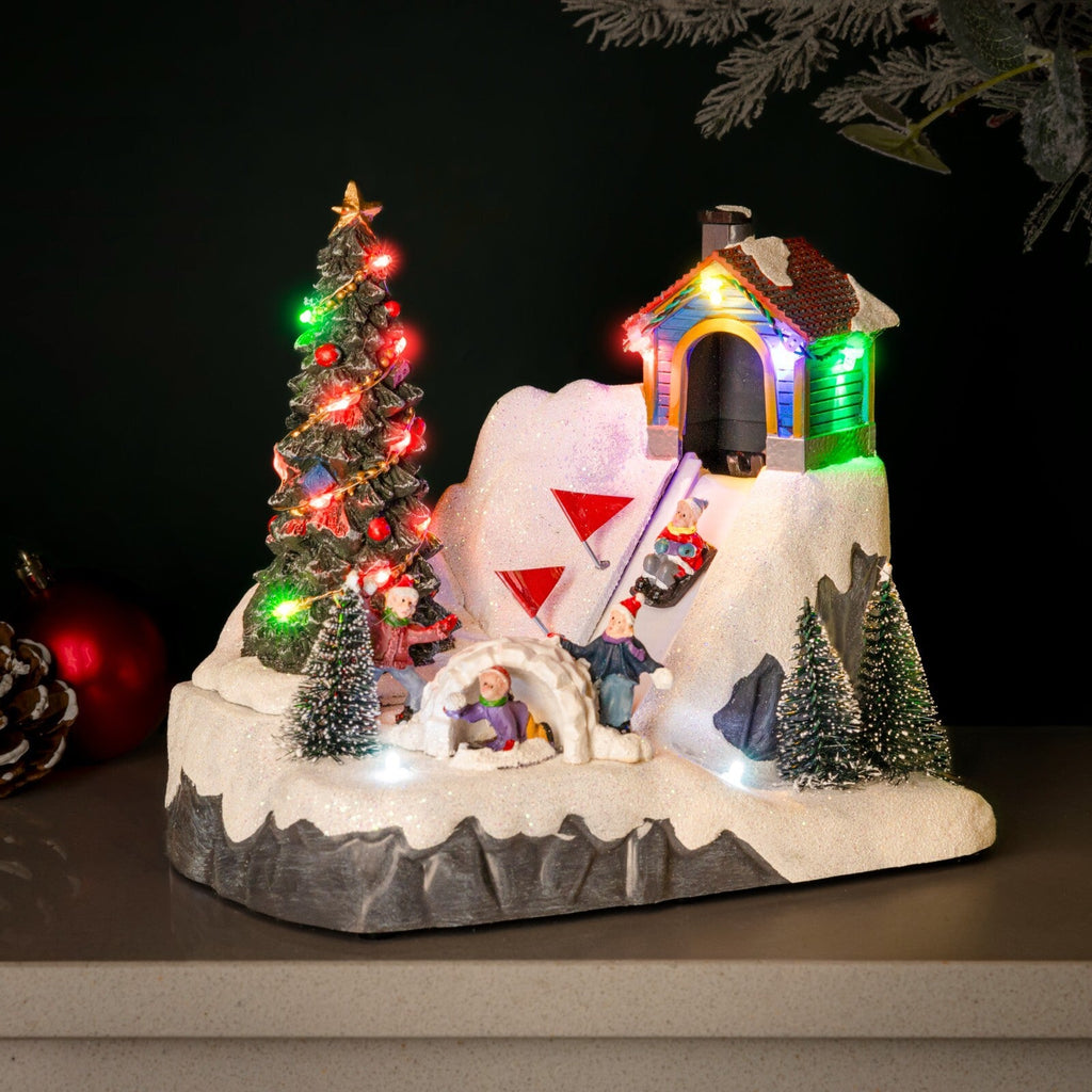 Christmas Village Scene Decoration Sledging Musical Moving Ornament Light Up