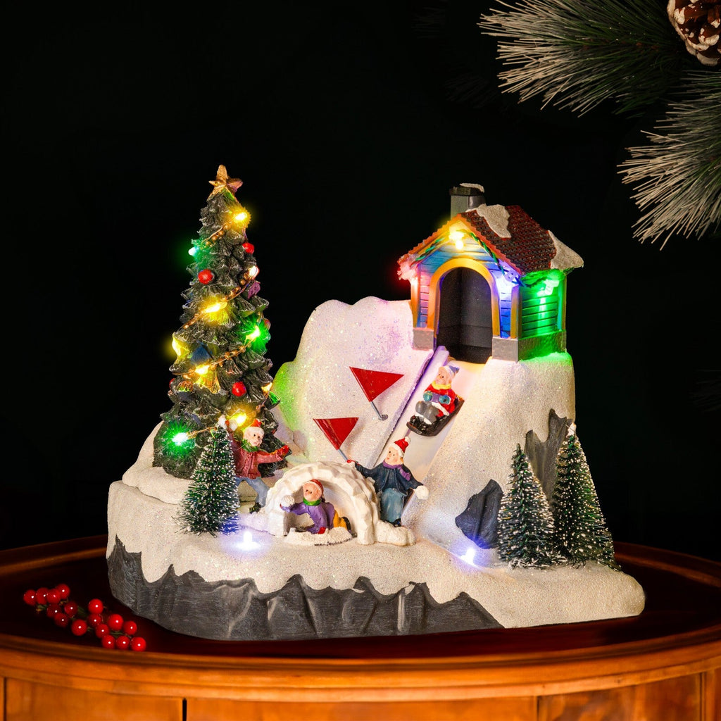 Christmas Village Scene Decoration Sledging Musical Moving Ornament Light Up