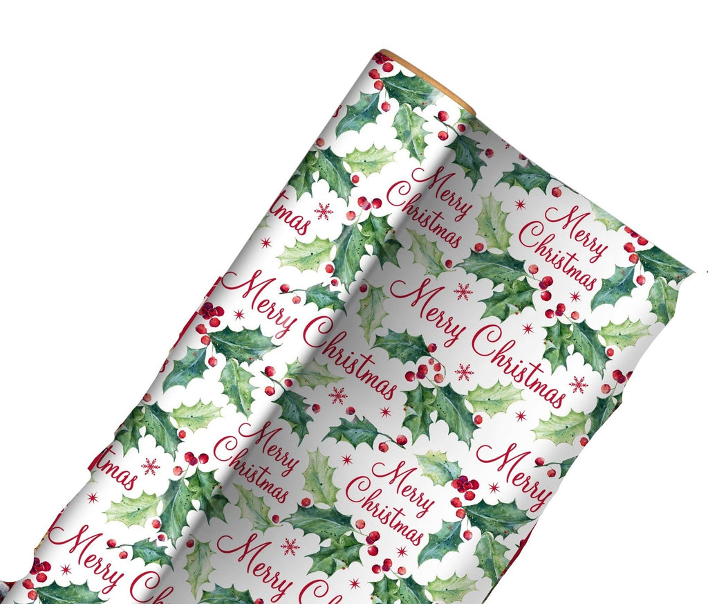 16M (4 X 4M) Traditional Christmas Gift Wrapping Paper Roll - White with Holly