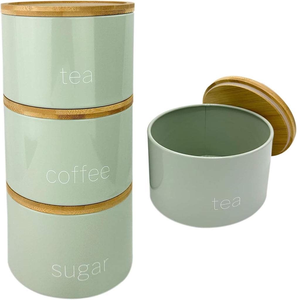 3 Pieces Jar with Wooden Lid Tea Coffee Sugar Canister Storage Container Bowl Pots Kitchen Storage Tins (Sage)