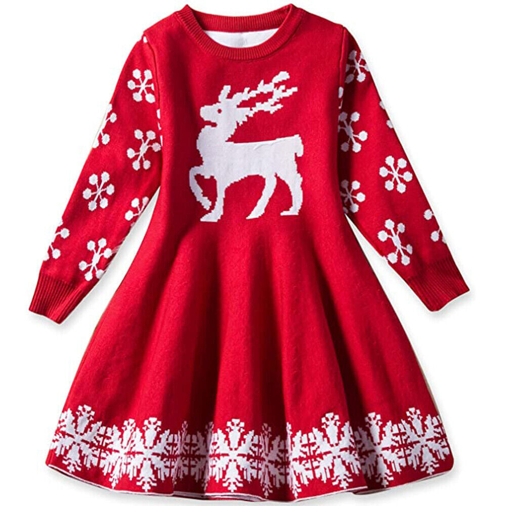 UK Kids Girls Christmas Elk Knitted Sweater Winter Warm Long Sleeve Jumper Dress