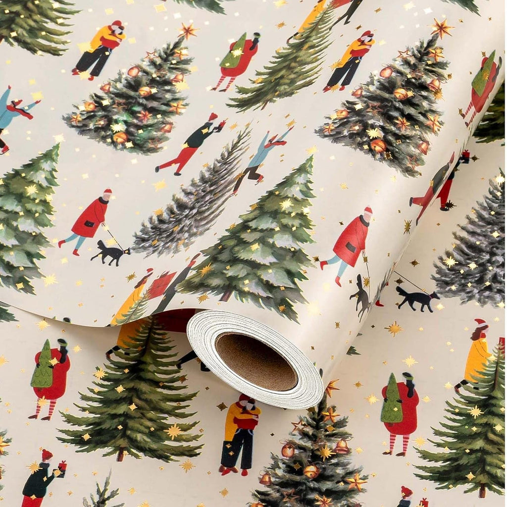Christmas Wrapping Paper, 43Cm X 10M Christmas Tree and Lovers Gift Wrap Roll for Holiday, Winter, Party Celebration, DIY Crafts