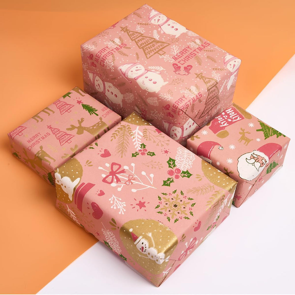4 Rolls Pink Christmas Wrapping Paper, 43Cm*3M Recyclable Kraft Gift Wrapping Pa