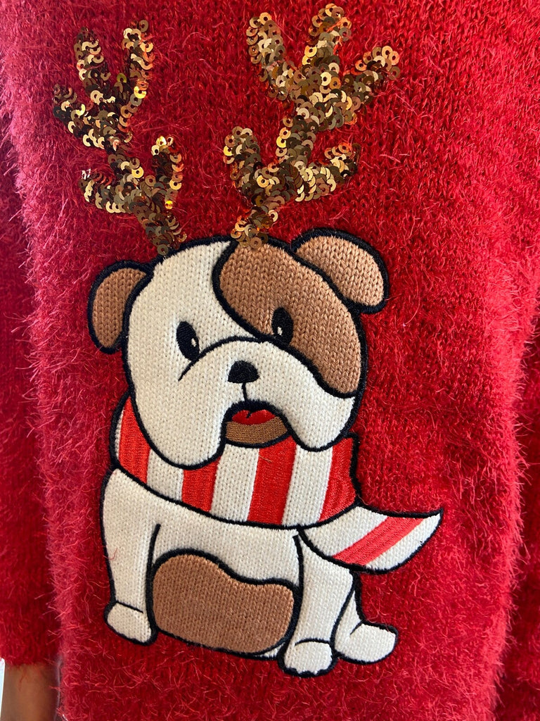 Christmas Jumper Kids Girls Bull Dog Xmas Knit Sweater Pullover Red 3-12 YRS
