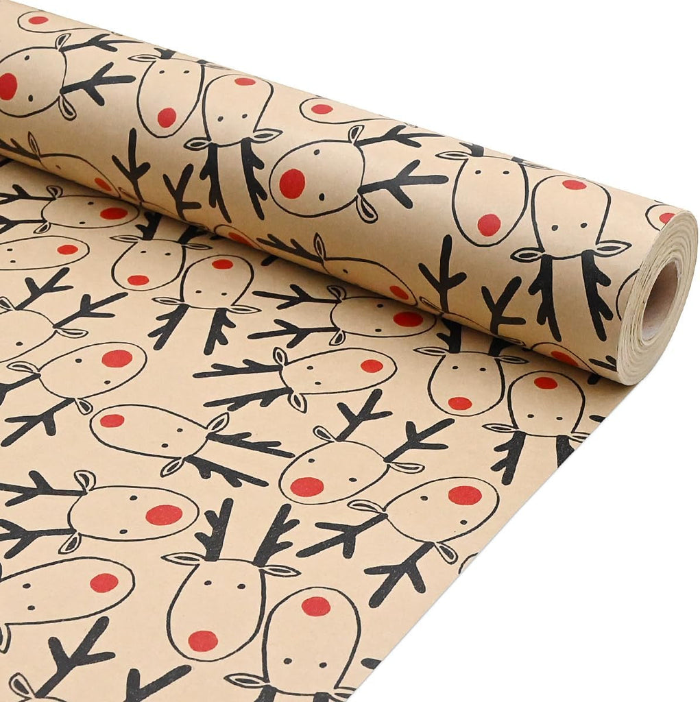 43Cm *15M Christmas Wrapping Paper Roll, Recyclable Brown Gift Wrapping Paper with Elk for Xmas Party Gifts, Birthday,Graduation,Eco-Friendly Present Decorations-Elk Head