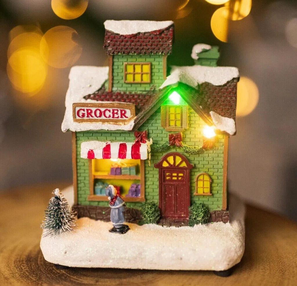 Christmas Village Scene Decoration Ornament LED Grocer Light up Xmas Home Decor