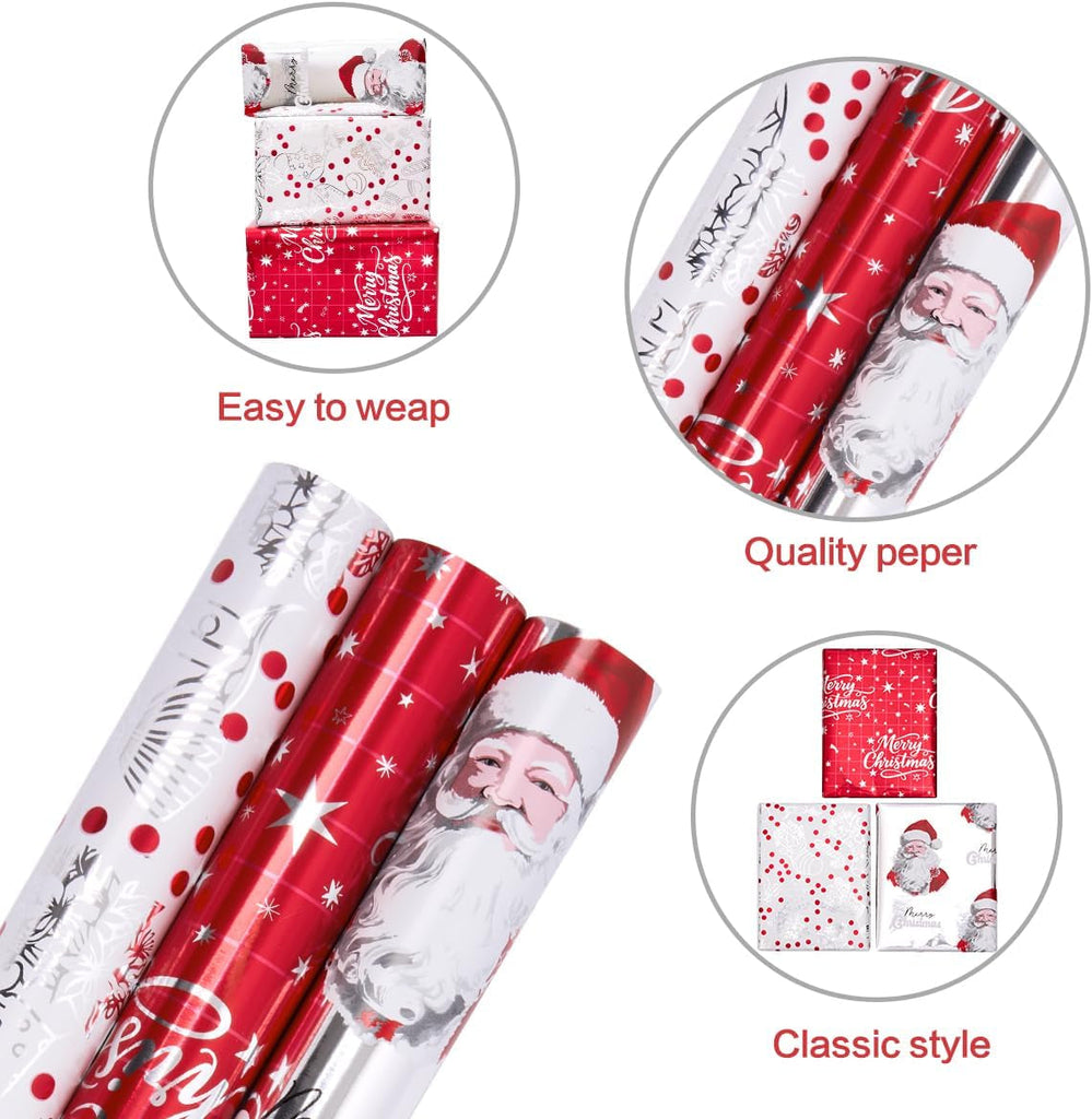 3 Rolls Gift Wrapping Paper for Christmas : 43Cm X 3M Red White Metallic Glitter Foil Wrapping Paper, for Christmas, Birthday, Wedding, Party, Festival Gift Wrap
