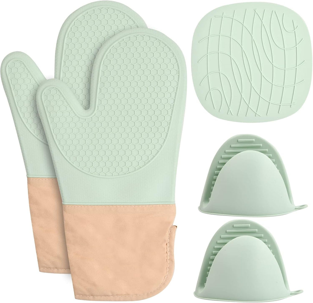 Set of Silicone Oven Gloves Heat Resistant, Pot Holder, Pot Mat, Silicone Oven Mitts Potholder Green Oven Glove Set for Home Kitchen Cooking, Baking, Grilling