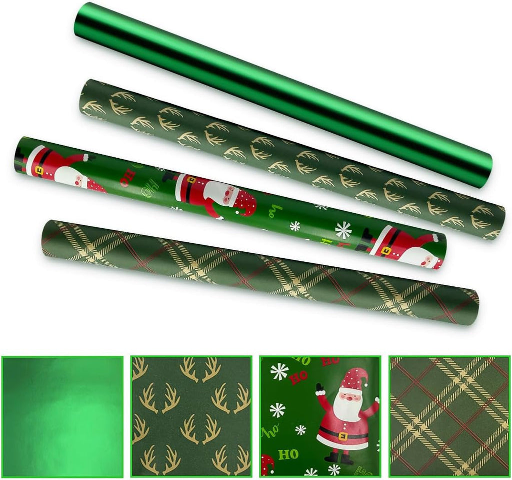 Green Gift Wrapping Paper Rolls, 4 Rolls 43Cm*3 Meter Christmas Wrapping Paper Roll,Suitable for Xmas, Birthday, Party,Wedding,Baby Shower,Festival Gift Decorations
