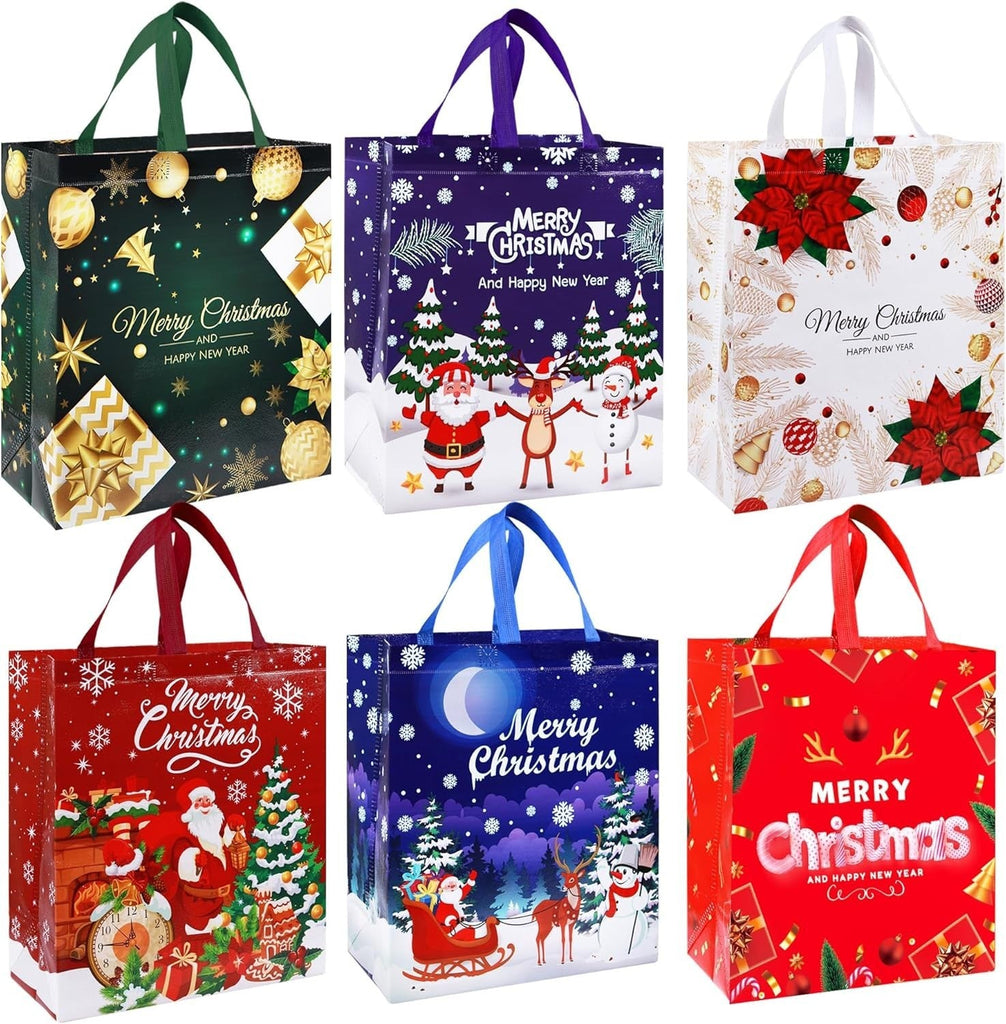 6 Pack Christmas Tote Bag, Extra Large Reusable Grocery Bag with Handle, Present