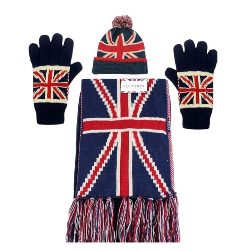Union Jack Hat Scarf Gloves Knitted Set of 3 Warm for Winter Thermal Fleece