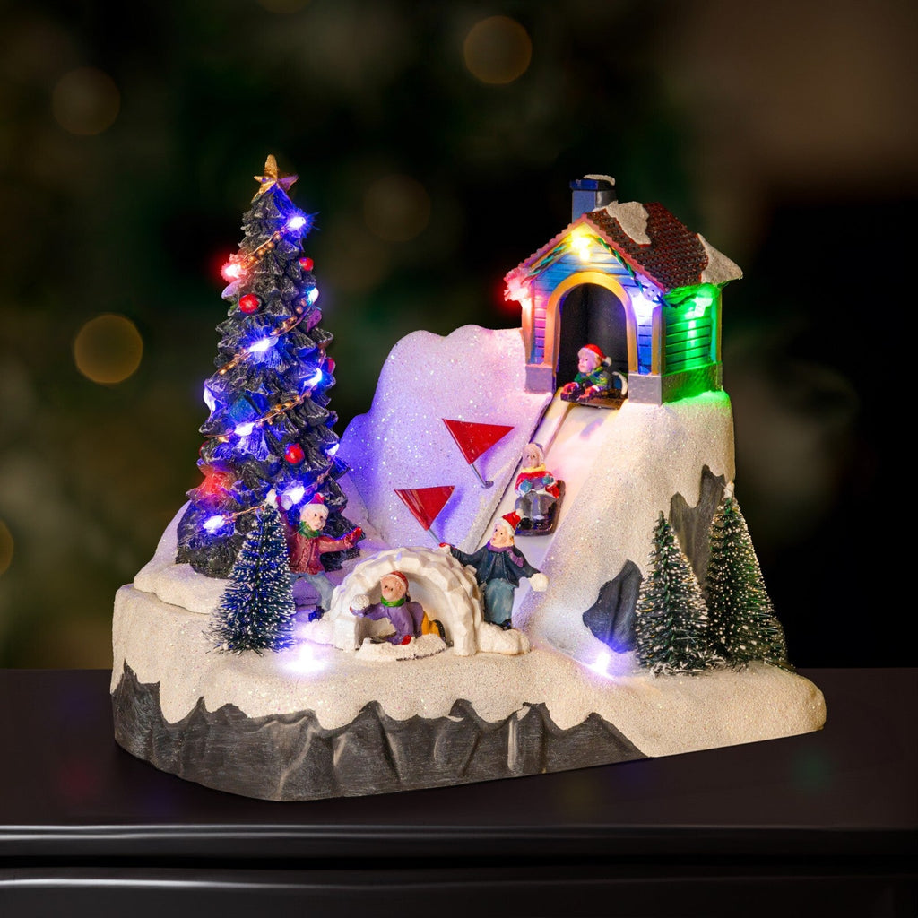 Christmas Village Scene Decoration Sledging Musical Moving Ornament Light Up
