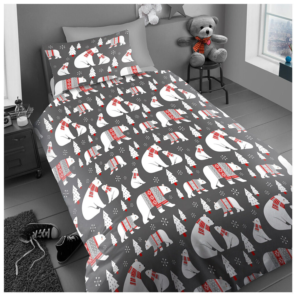 Christmas Duvet Cover Teddy Bedding Reversible Quilt Set Single Double Size UK