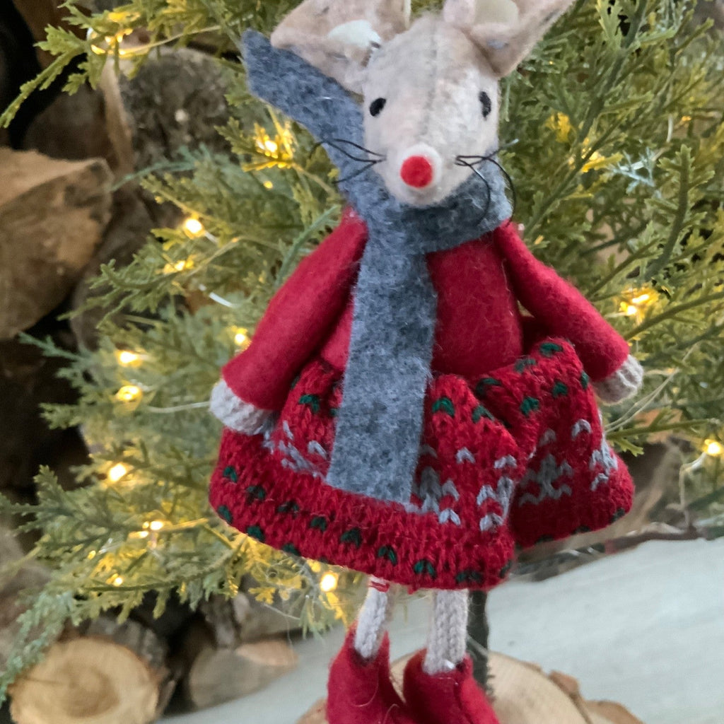 Red Hanging Mouse Girl Christmas Tree Decoration Fairisle Dress Fabric Felt