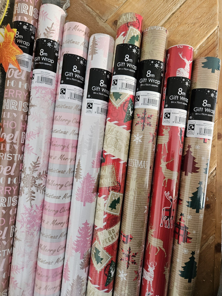 8 X 8M Luxury Christmas Wrapping Paper Rolls 4 Pink & Rose Gold 4 X Tartan Kraft