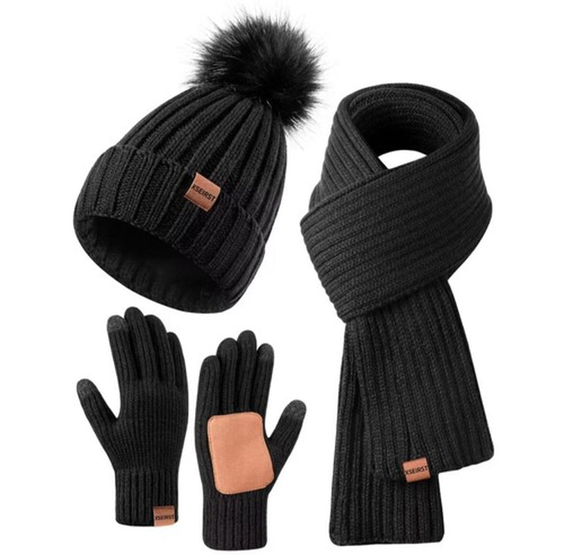 Hat Scarf and Gloves Set Ladies, Winter Beanie Hat for Women with Pom Pom Fleece