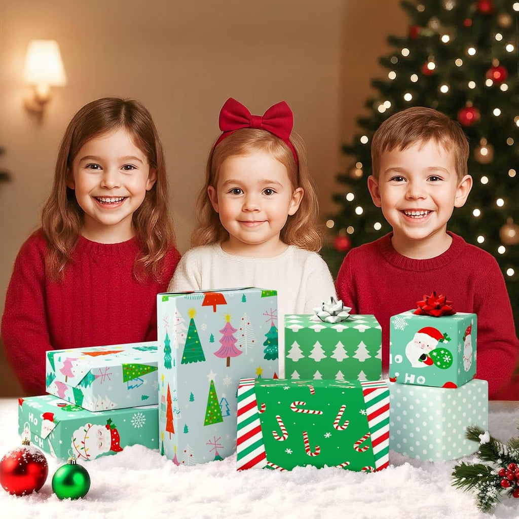 Reversible Christmas Wrapping Paper - 3 Rolls 17”X 120”Santa Wrapping Paper Rolls Classic Santa Winter Tree Candy Canes Gift Wrap Papers for Girls Boys Xmas Holiday Polka Dot Stripes Design