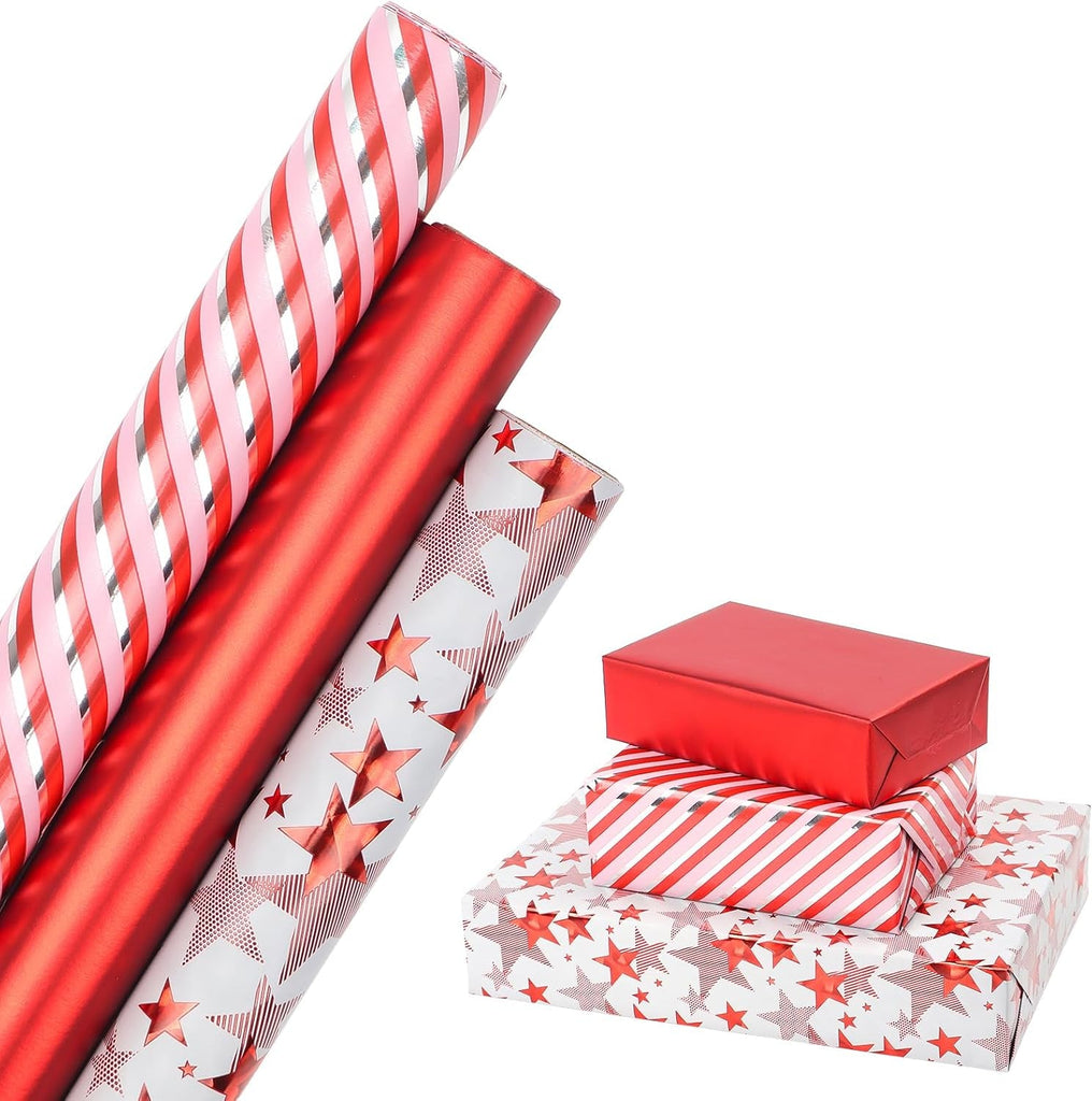 Red Metallic Wrapping Paper Rolls, 3 Rolls 43Cm X 3M, Red Gift Wrap Paper Roll with Star Stripe Pattern for Christmas, Birthday, Wedding