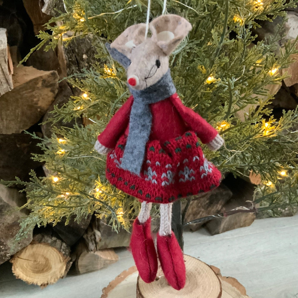 Red Hanging Mouse Girl Christmas Tree Decoration Fairisle Dress Fabric Felt