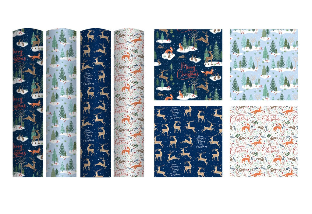 4 Rolls Christmas Gift Wrapping Woodland Paper 4M X 70Cm Roll 16 Metre