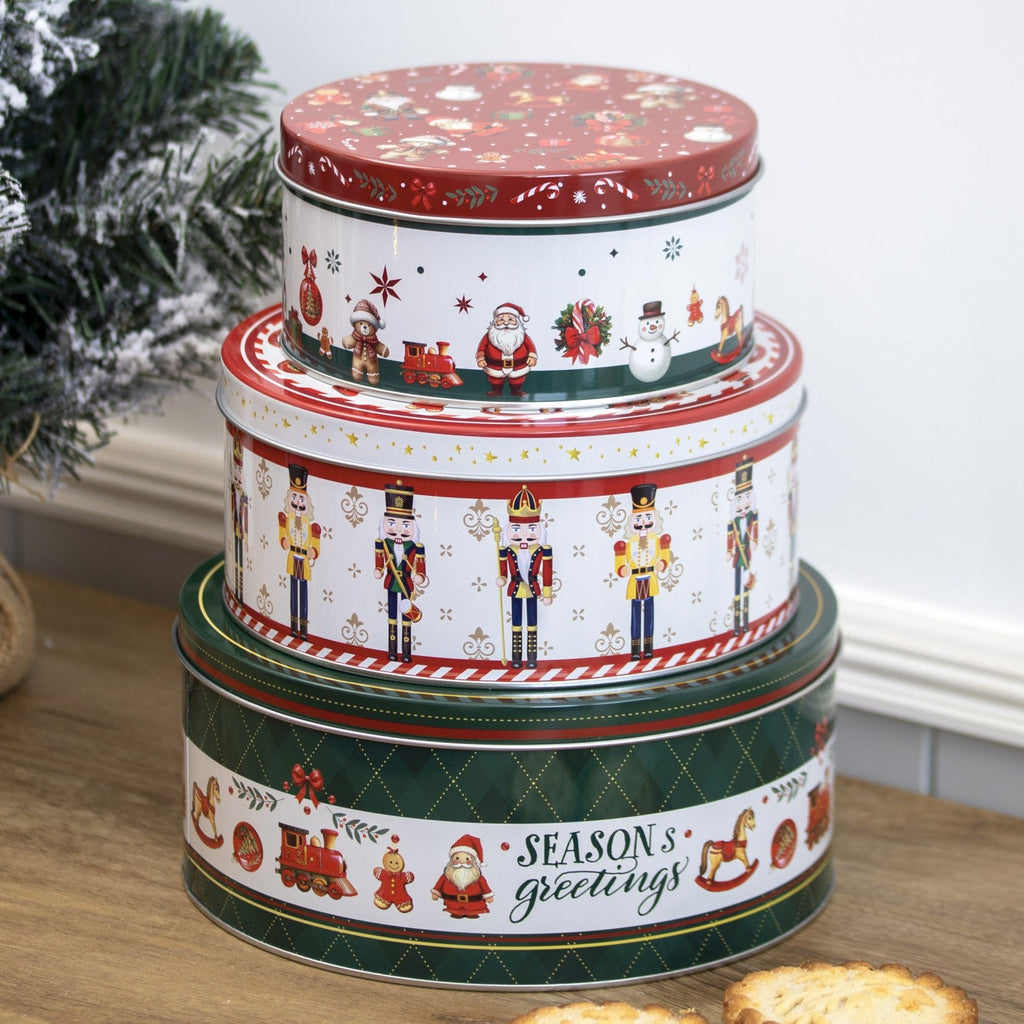 3Pc Festive Christmas Nesting Cake Tins Set Metal Xmas Kitchen Baking Storage