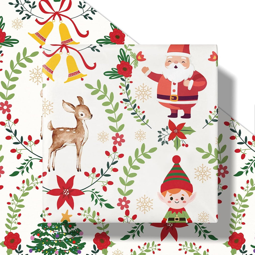 Christmas Wrapping Paper Roll for Boys Girls, Mini Roll, Santa Claus, Reindeer, Reindeer and Wreath Design, Classic Gift Wrap Paper for Party, 43.2Cm X 5M