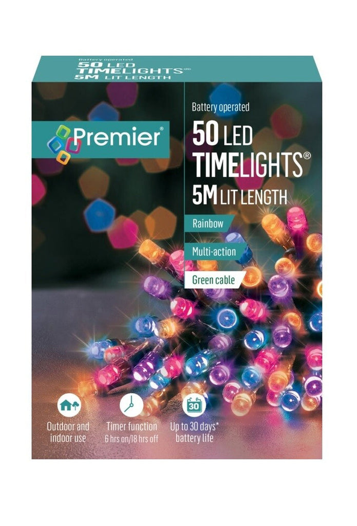 50 Rainbow LED Christmas Lights Premier Multi Action Christmas Timer Lights