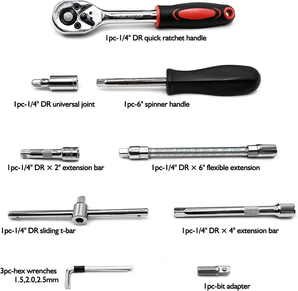 46 Pieces 1/4" Drive Socket Set&Tool Sets, Ratchet Wrench Set with Bit Socket Set Metric and Extension Bar for DIY, Car Repair and Household with Storage Case