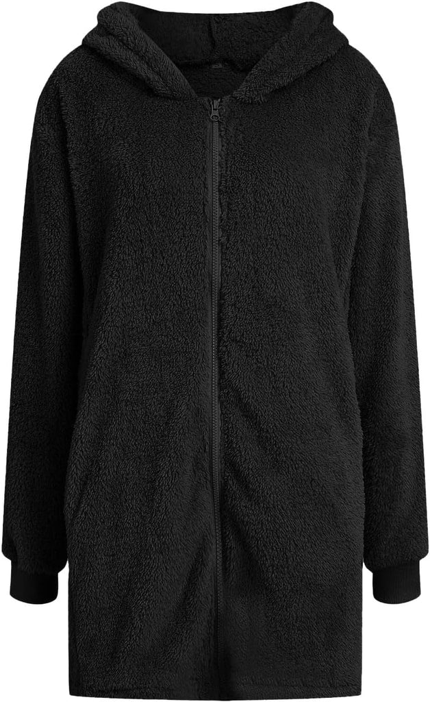 Womens Plain Hoodie Winter Warm Sherpa Lined Zip up Hooded Sweatshirt Jacket Coat Cosy Soft Fleece Blanket with Pocket