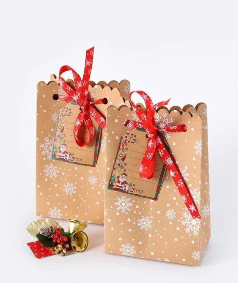 6Pcs Christmas Snowflake Brown/Beige Red Bow Decor Packaging Bag Box Xmas Gift