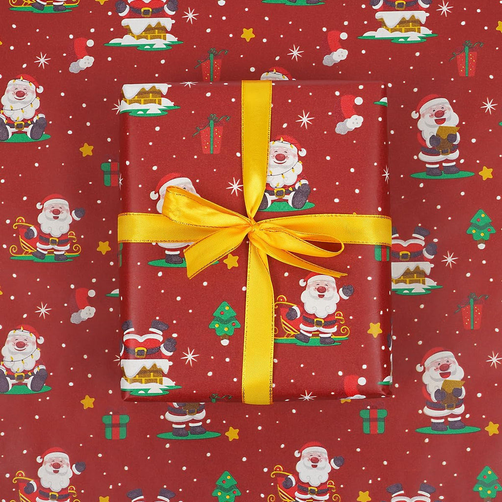 16M Red Gift Wrapping Paper Roll, 43Cm Recyclable Kraft Paper Print with Santa Claus for Christmas, Birthday, Baby Shower, Party Gift Decoration